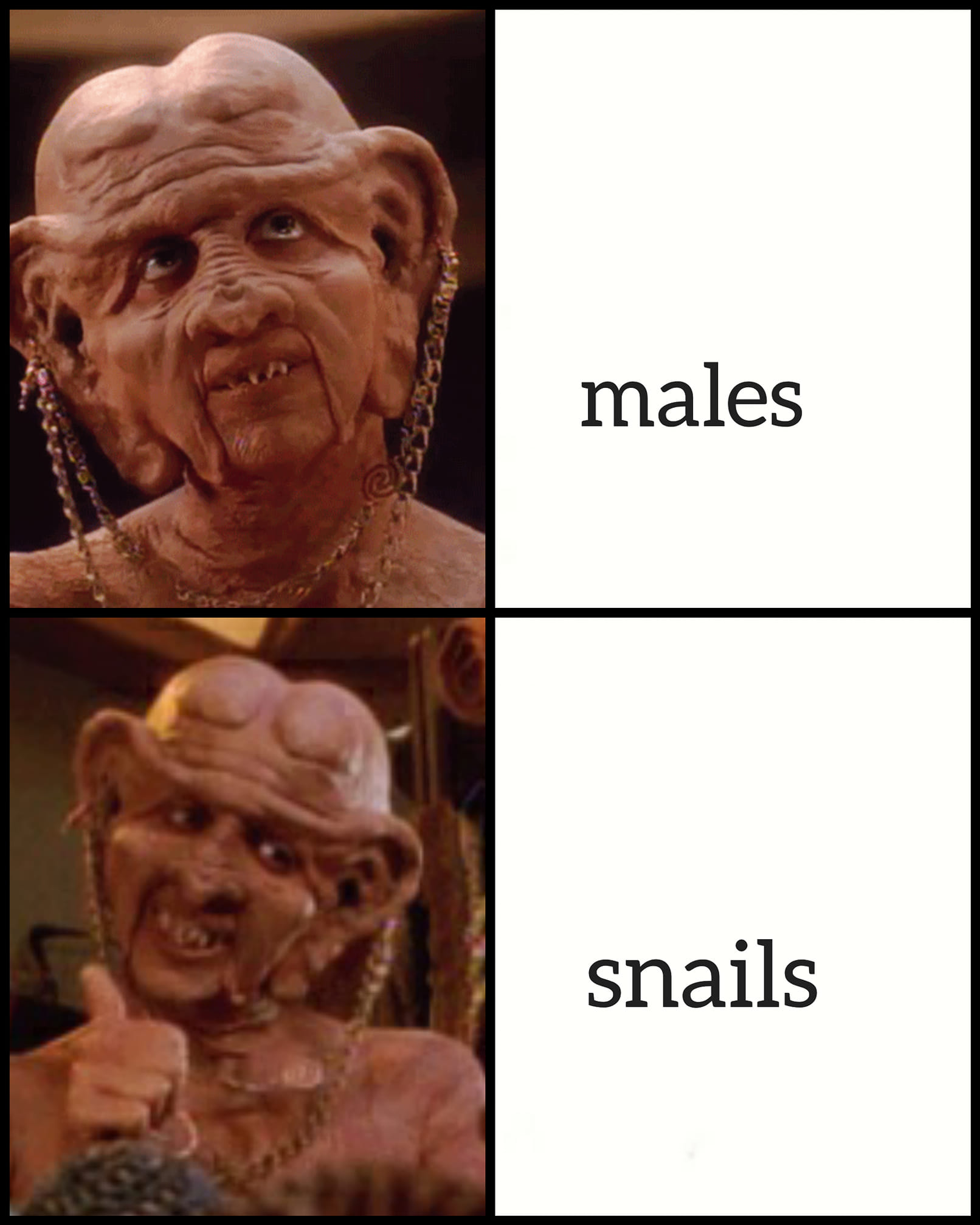 This meme is a humorous comparison between two groups: humans and snails. The image likely features a split-screen or side-by-side comparison, with a comically exaggerated or distorted human face on one side and a snail on the other. The text "men" and "snails" is likely displayed on either side of the image, implying that the two groups are being compared in a humorous or ironic way.